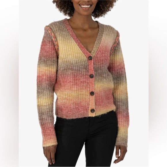 Kut from the Kloth Isla Braided Button Down Cardigan Oatmeal Coral Womens Sz S - Picture 6 of 8